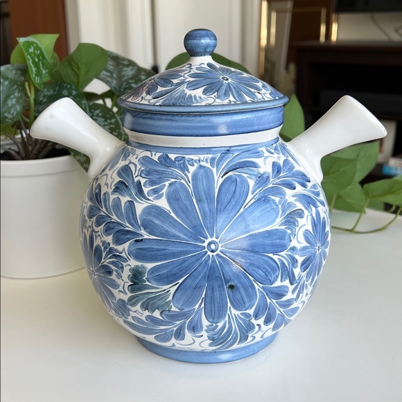 Vintage Painted Floral Ceramic Jar Vessel Blue & White Decor - Picture 11 of 17